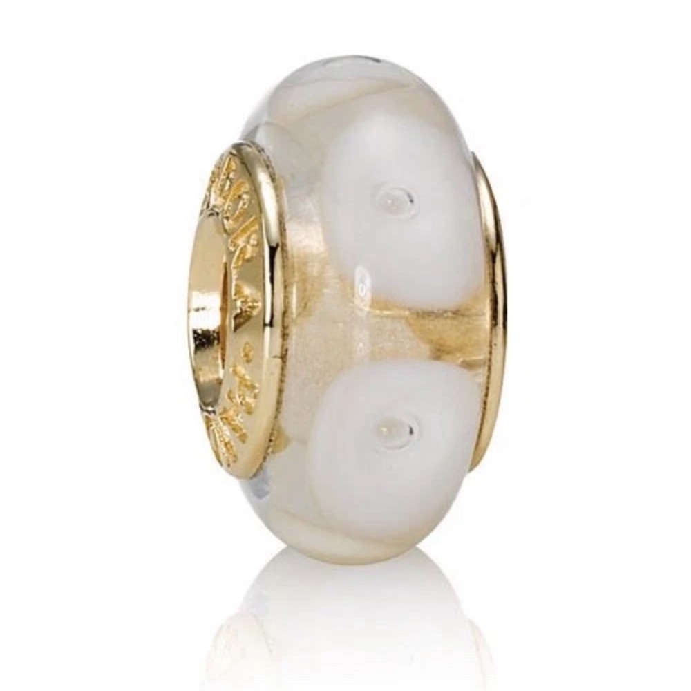 Authentic Pandora 14K Gold White Mystic Murano Glass Charm